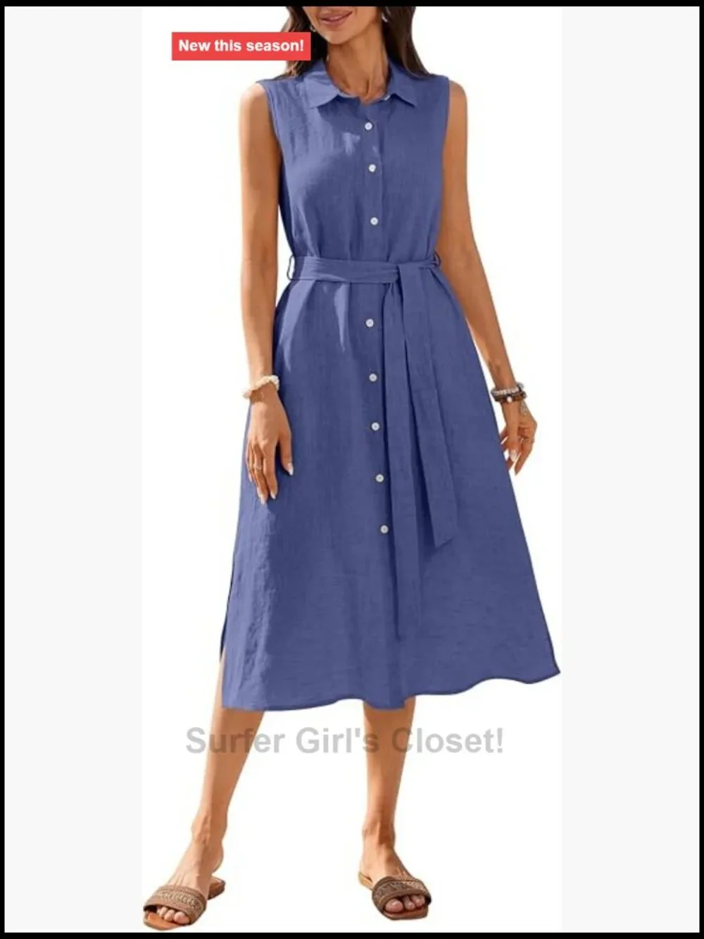 100% Linen Midi Dress Button Down Sleeveless Collared Shift with Pockets Summer